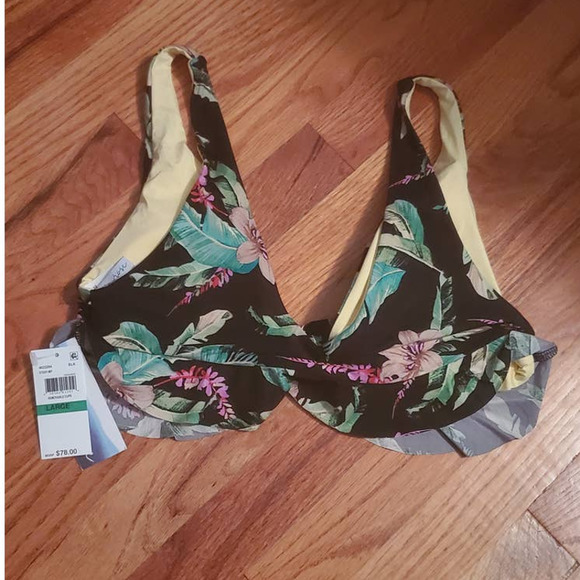 NWT! Isabella Rose Islander Ruffle Bikini Top Black Floral Large ~ Pool or Beach - Picture 3 of 9
